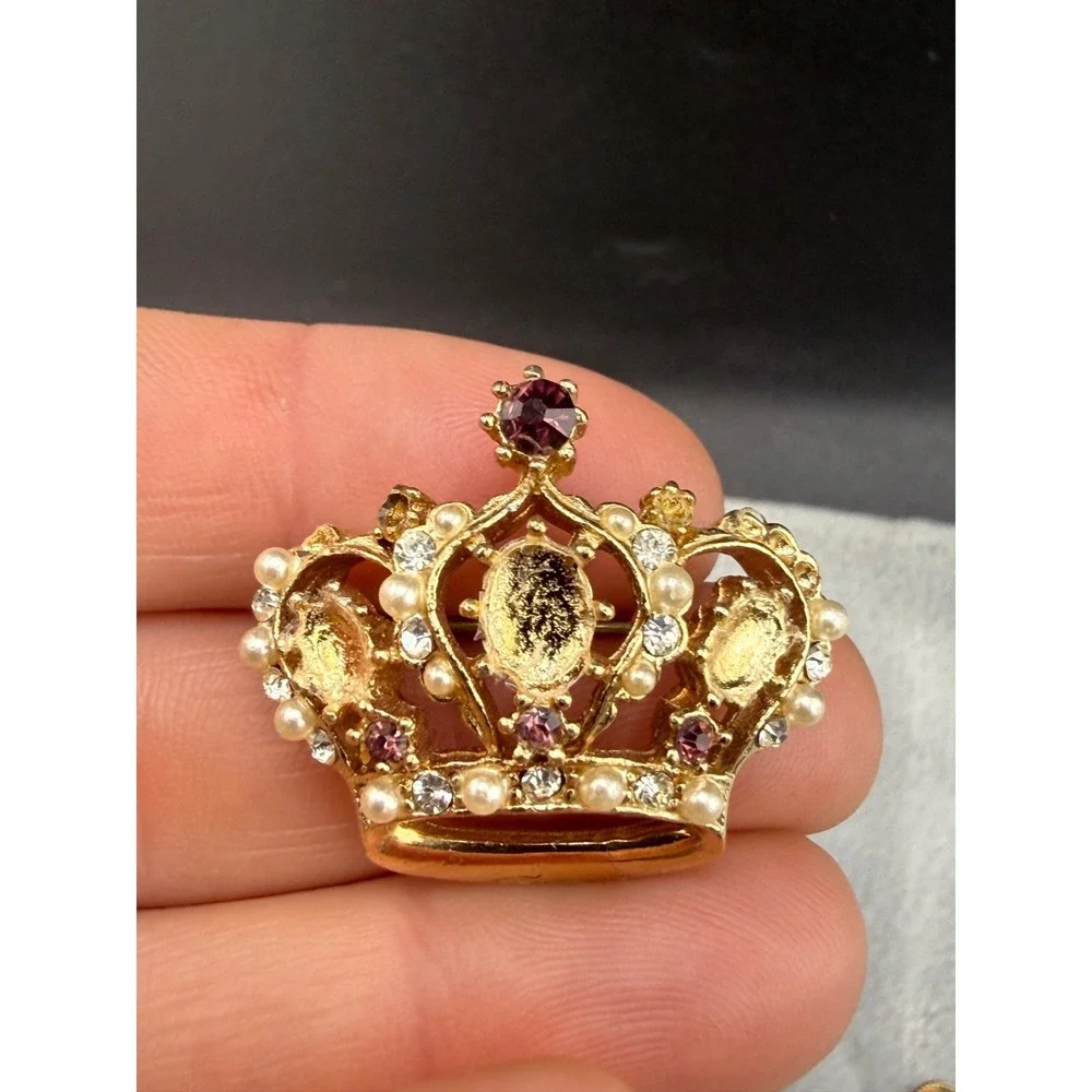 Vintage Crown Brooch Screw Back Earrings Set Rhinestone Pink‎